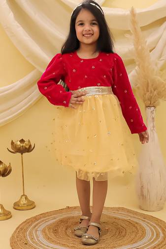 Full sleeves velvet party frock for girls  pink