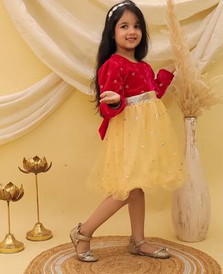 Full sleeves velvet party frock for girls  pink 2