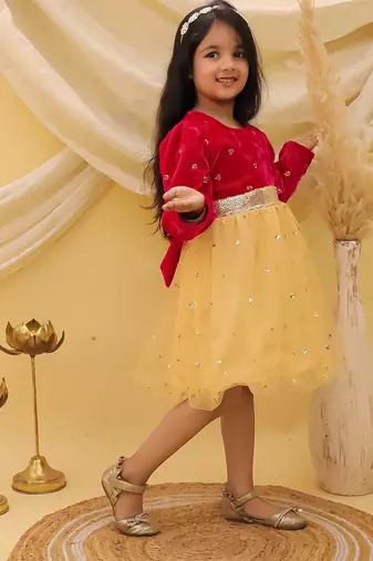 Full sleeves velvet party frock for girls  pink