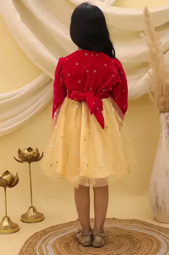 Full sleeves velvet party frock for girls  pink