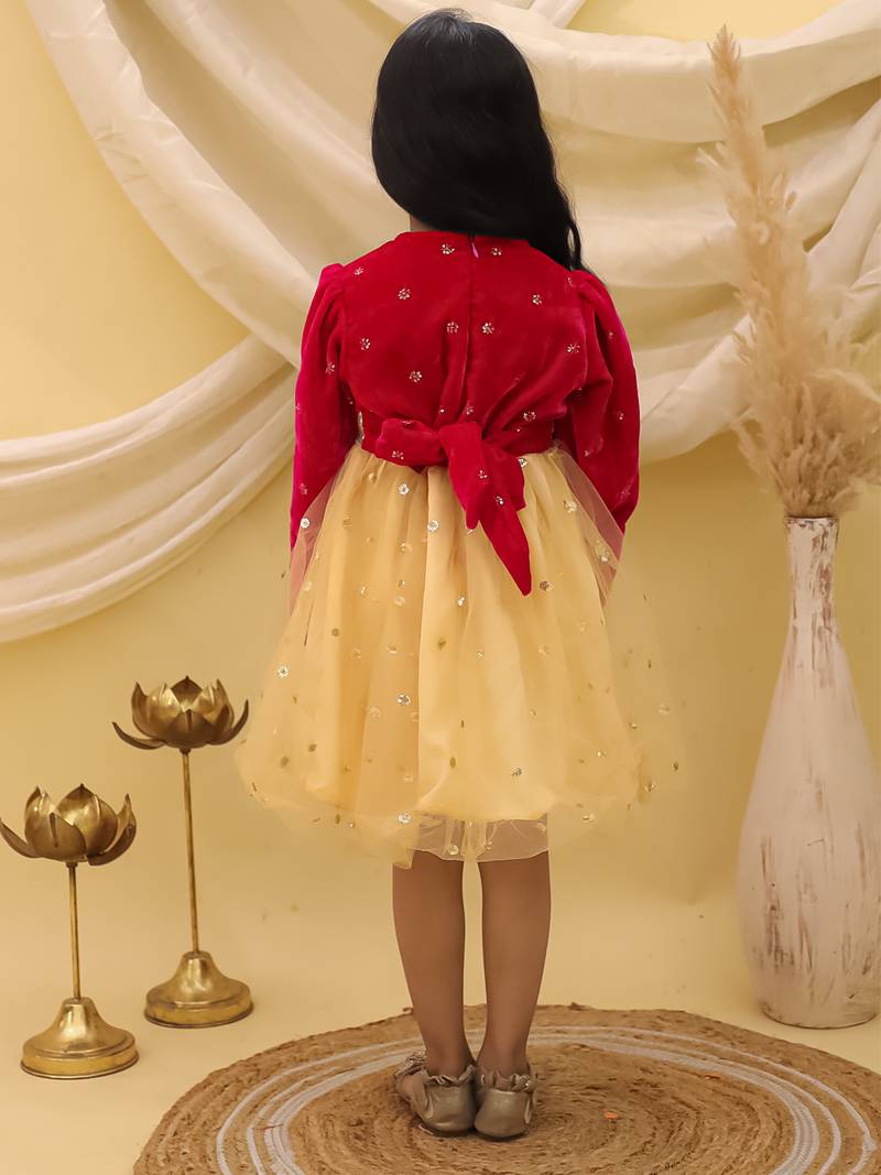 Full sleeves velvet party frock for girls  pink