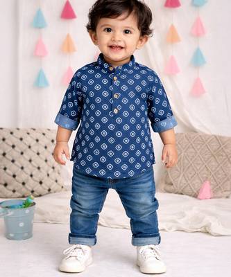 Fullsleeves bandhni short kurta for infant boys blue 1