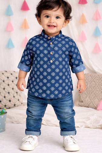 Fullsleeves bandhni short kurta for infant boys blue