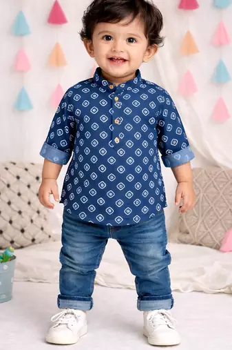 Fullsleeves bandhni short kurta for infant boys blue