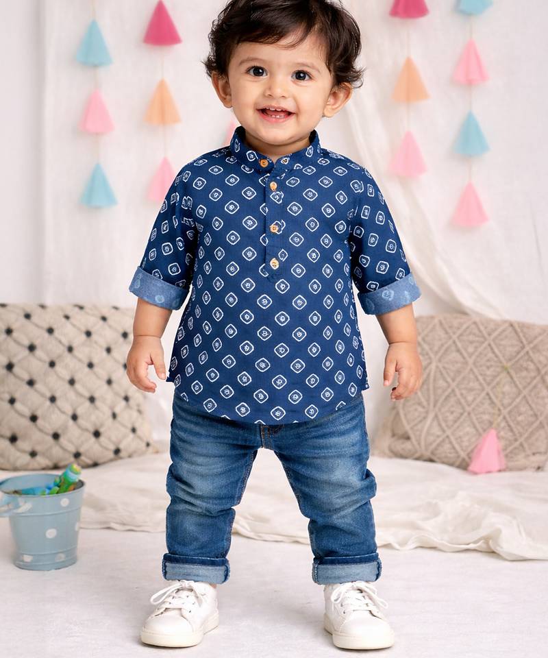 Fullsleeves bandhni short kurta for infant boys blue