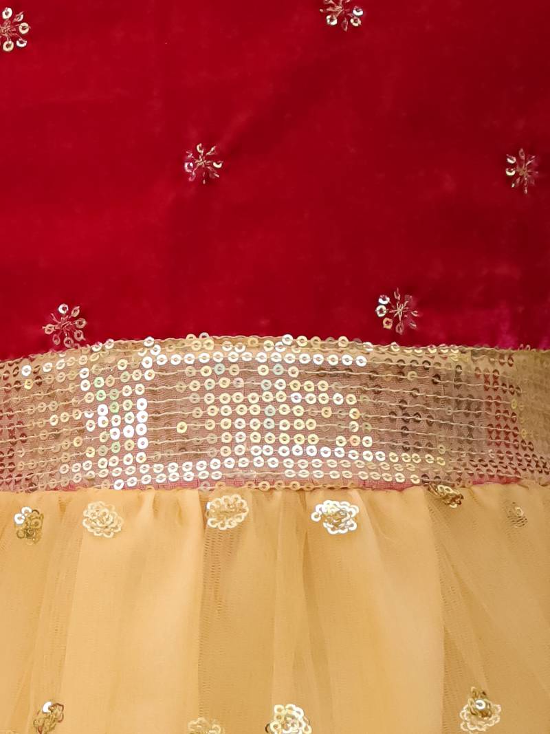 Full sleeves velvet party frock for girls  pink