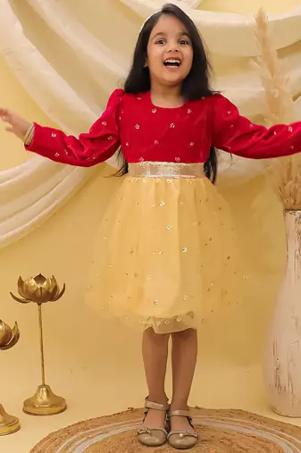Full sleeves velvet party frock for girls  pink