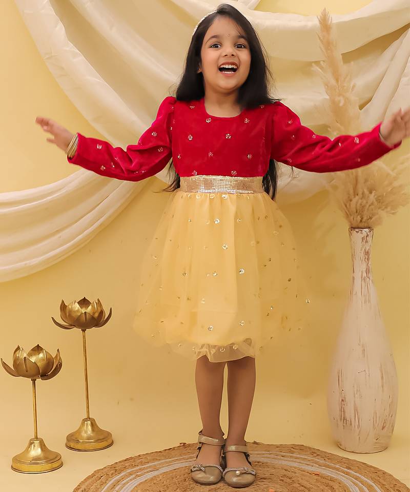Full sleeves velvet party frock for girls  pink