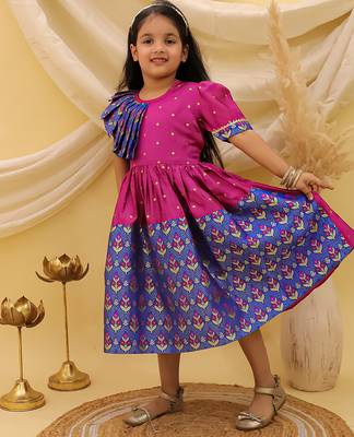Short sleeves jacquard party dress for girls  blue 1
