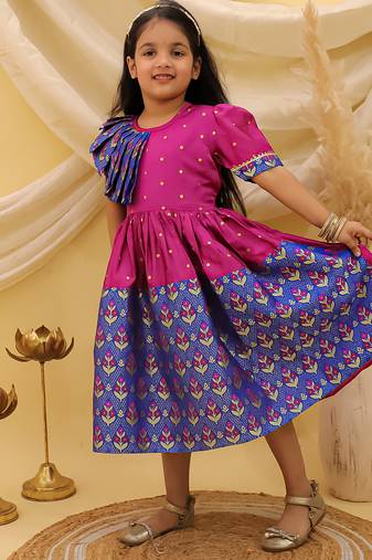 Short sleeves jacquard party dress for girls  blue