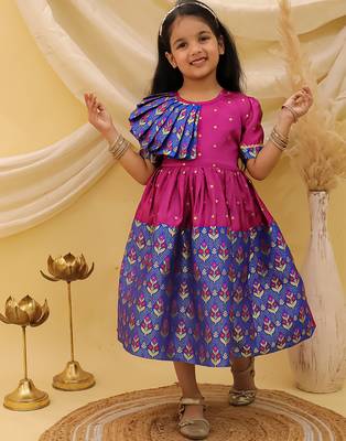 Short sleeves jacquard party dress for girls  blue 2