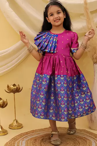 Short sleeves jacquard party dress for girls  blue