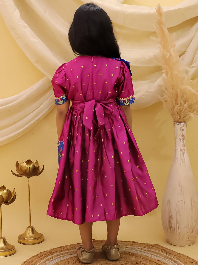 Short sleeves jacquard party dress for girls  blue