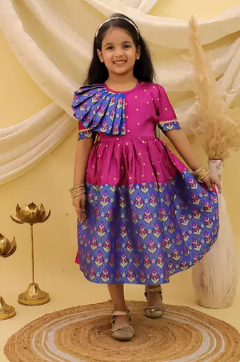 Short sleeves jacquard party dress for girls  blue