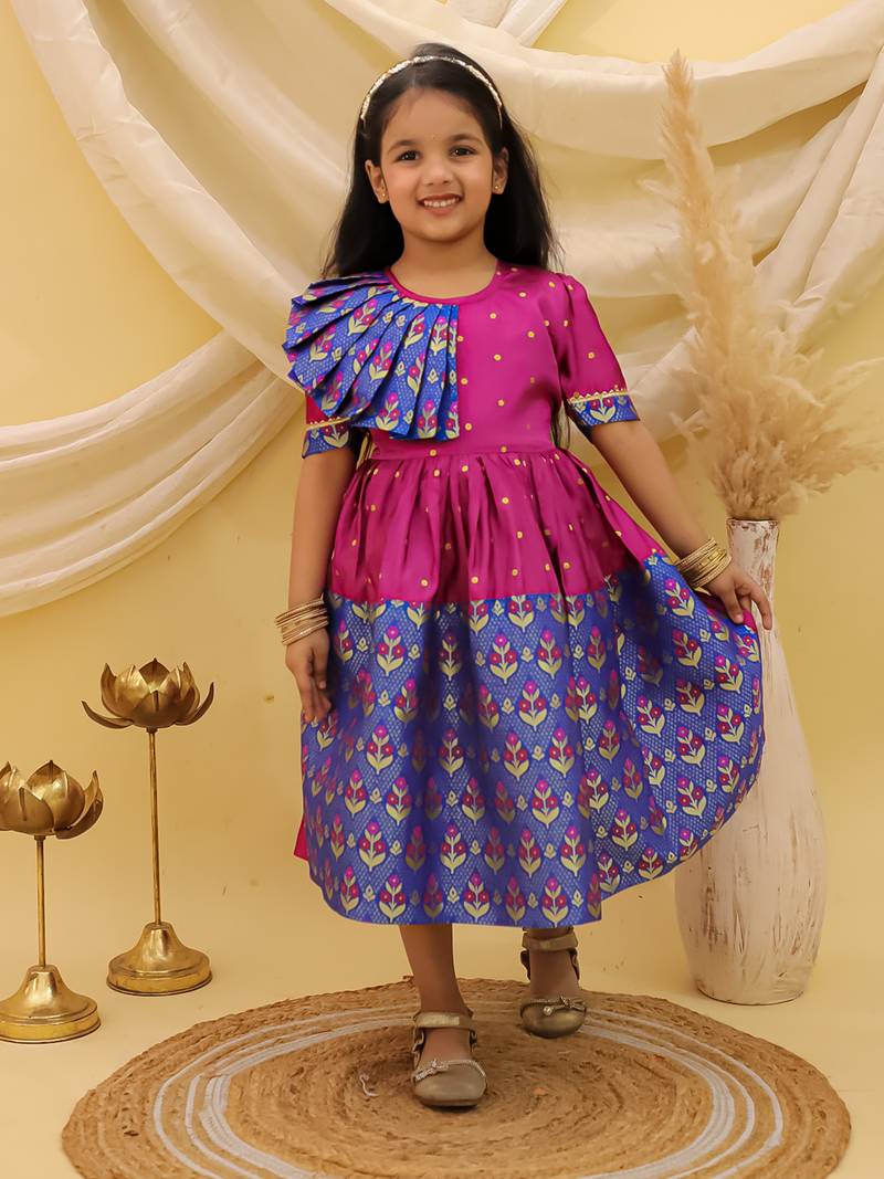 Short sleeves jacquard party dress for girls  blue