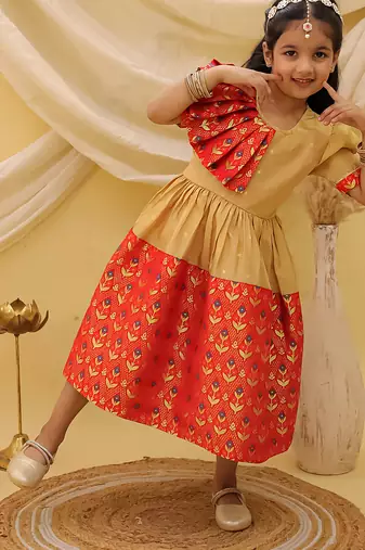 Short sleeves jacquard party dress for girls  red