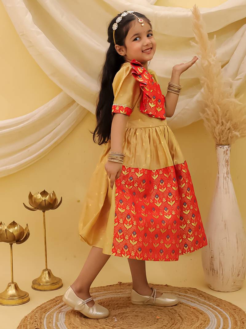 Short sleeves jacquard party dress for girls  red