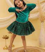 Full sleeves velvet party dress for girls  green