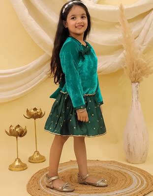 Full sleeves velvet party dress for girls  green 3