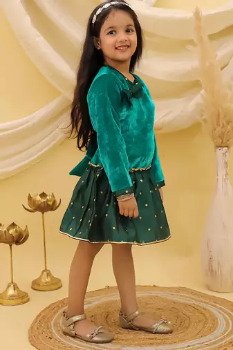 Full sleeves velvet party dress for girls  green