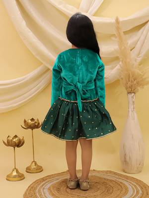 Full sleeves velvet party dress for girls  green 4