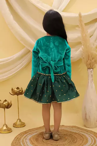 Full sleeves velvet party dress for girls  green