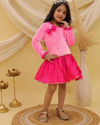 Full sleeves velvet party dress for girls pink 1