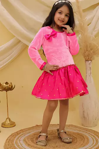 Full sleeves velvet party dress for girls pink