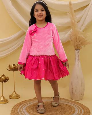 Full sleeves velvet party dress for girls pink 2