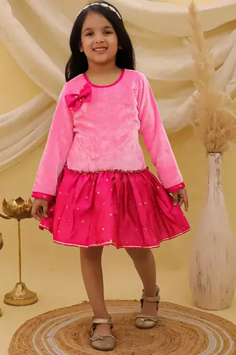 Full sleeves velvet party dress for girls pink