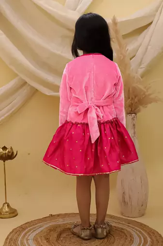 Full sleeves velvet party dress for girls pink