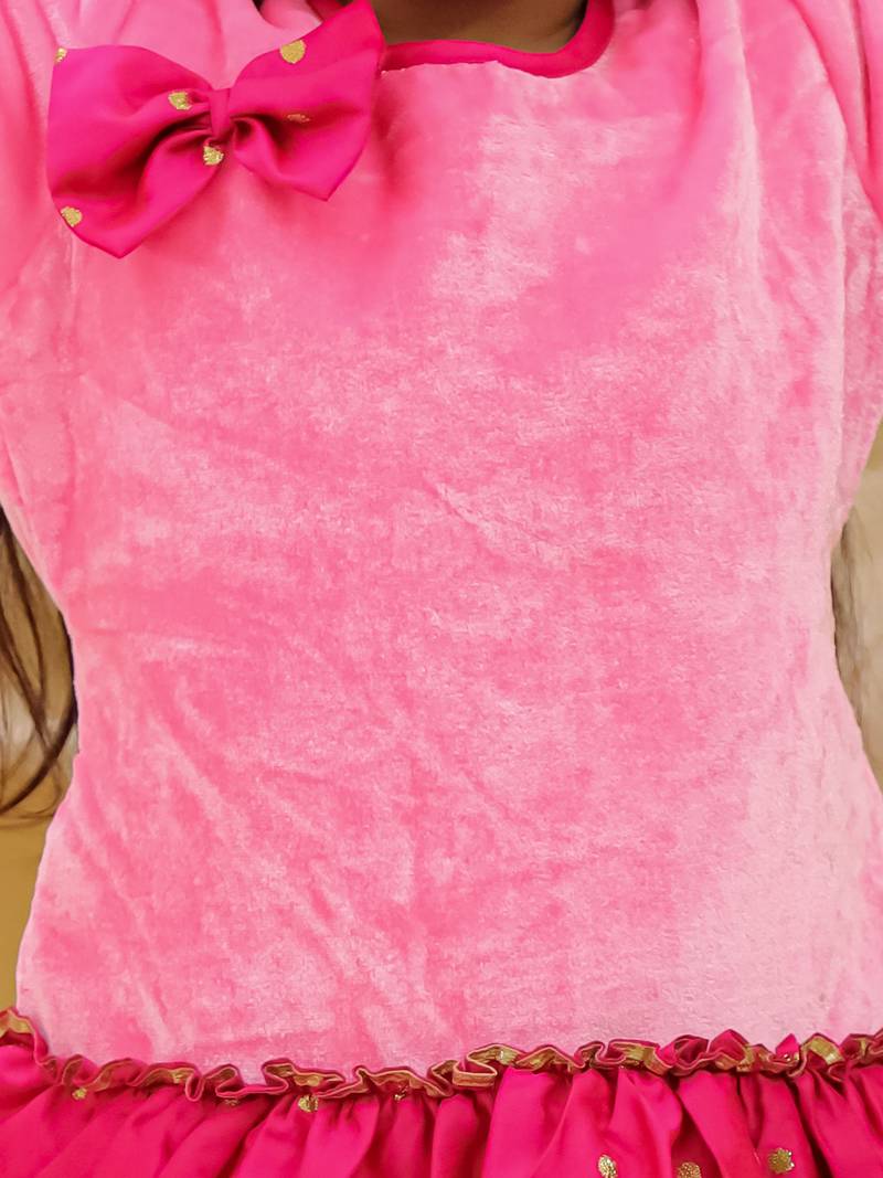 Full sleeves velvet party dress for girls pink