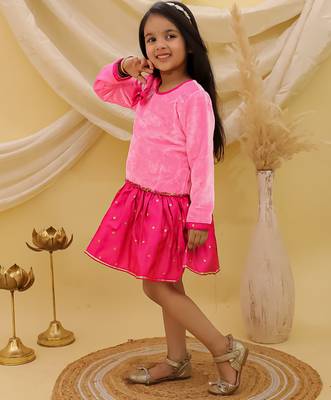 Full sleeves velvet party dress for girls pink 5
