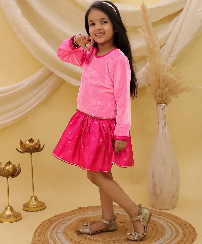Full sleeves velvet party dress for girls pink