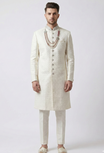 Pristine white handcrafted intricate thread work raw silk wedding sherwani with embellished mandarin collar
