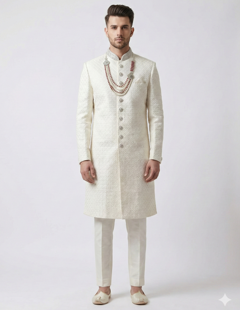 Pristine white handcrafted intricate thread work raw silk wedding sherwani with embellished mandarin collar
