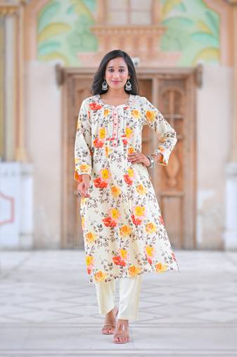 Yash gallery women's cotton slub floral print calf length mandarin collar straight kurta with pant (multi)