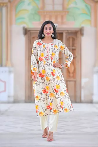 Yash gallery women's cotton slub floral print calf length mandarin collar straight kurta with pant (multi)