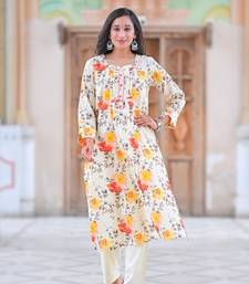 Yash gallery women's cotton slub floral print calf length mandarin collar straight kurta with pant (multi)
