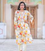Yash gallery women's cotton slub floral print calf length mandarin collar straight kurta with pant (multi)