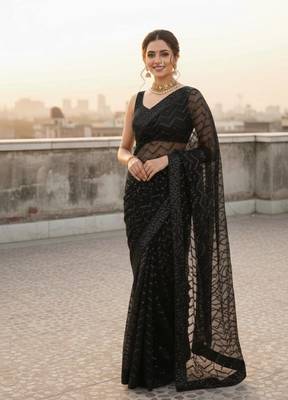 Black color sequence zig zag pattern all over work Georgette art silk saree  1