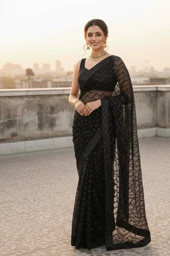 Black color sequence zig zag pattern all over work Georgette silk saree 