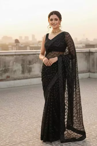 Black color sequence zig zag pattern all over work Georgette silk saree 