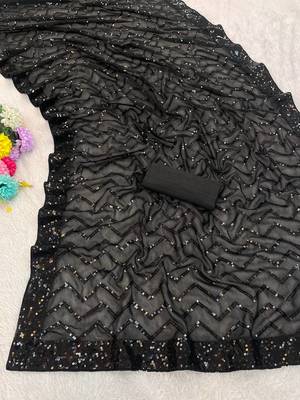 Black color sequence zig zag pattern all over work Georgette art silk saree  2