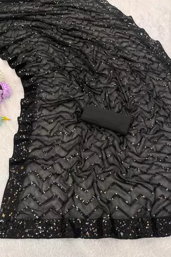 Black color sequence zig zag pattern all over work Georgette art silk saree 
