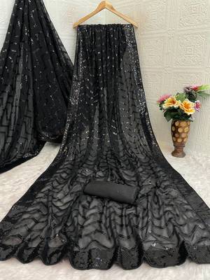 Black color sequence zig zag pattern all over work Georgette art silk saree  3