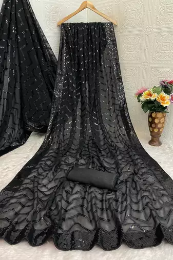 Black color sequence zig zag pattern all over work Georgette art silk saree 