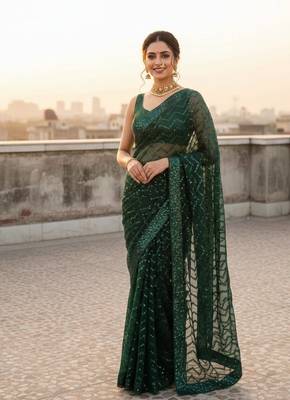 Green color sequence zig zag pattern all over work Georgette art silk saree  1