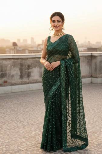Green color sequence zig zag pattern all over work Georgette silk saree 