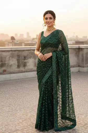 Green color sequence zig zag pattern all over work Georgette silk saree 